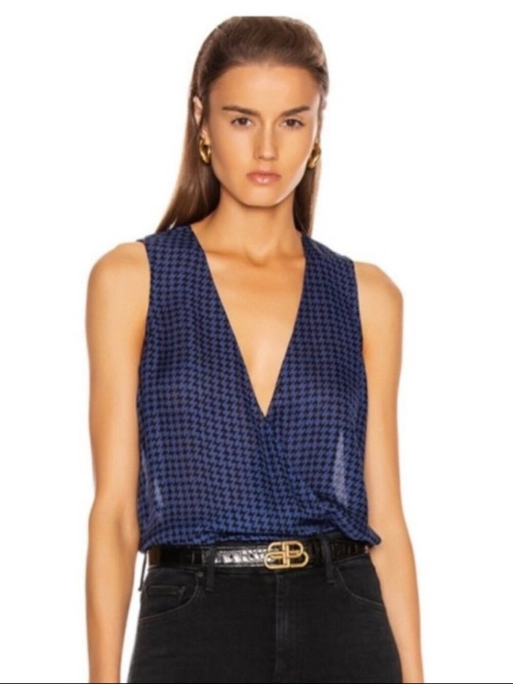 L’AGENCE 100% Silk Mila Blue & Black Houndstooth Sleeveless Blouse - Size S/P